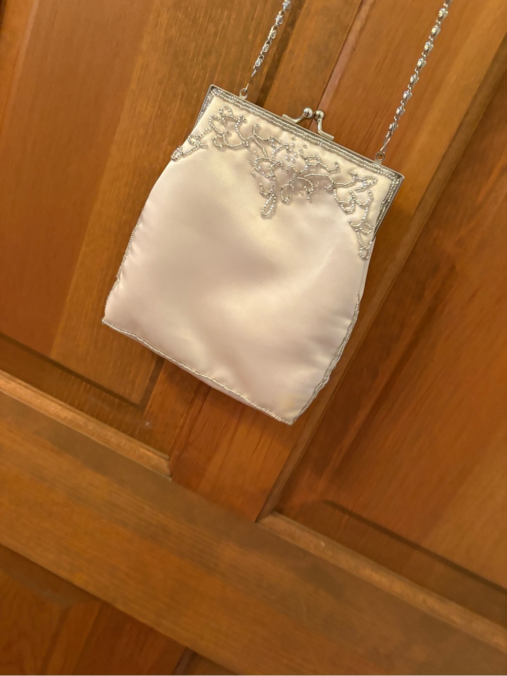 David's Bridal Cream Satin Evening Mini Bag with Silver Beaded Frame